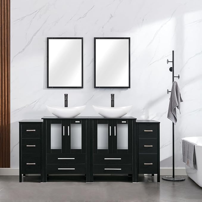 eclife 72" Modern Bathroom Vanity Sink Combo Freestanding Cabinet with Small Side Cabinet, White Boat Ceramic Vessel Sink, Water Save Faucet, Drain (Black+T44)