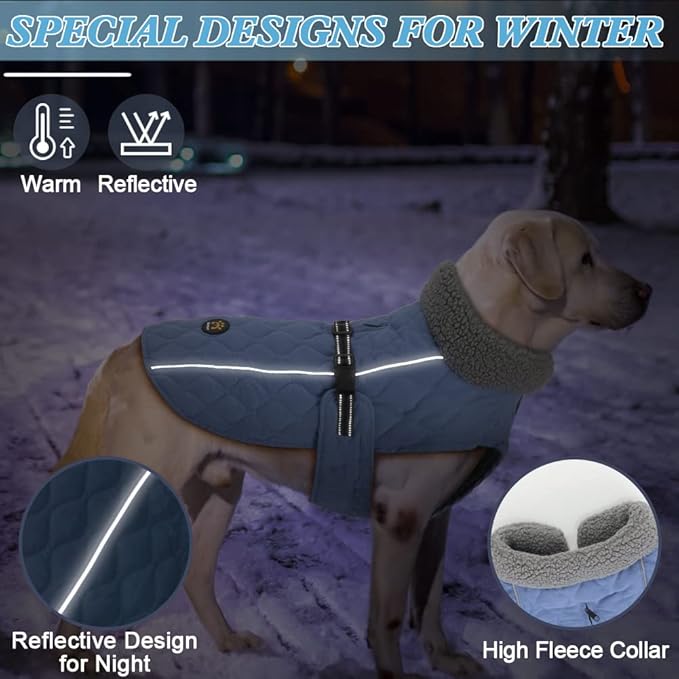 Dog Winter Jackets, Furry Collar Warm Coats for Dogs with Fleece Lining, Reflective Cold Weather Doggie Jackets with Leash Hole and Buckle, Windproof Pet Coats for Large Dogs, Blue L