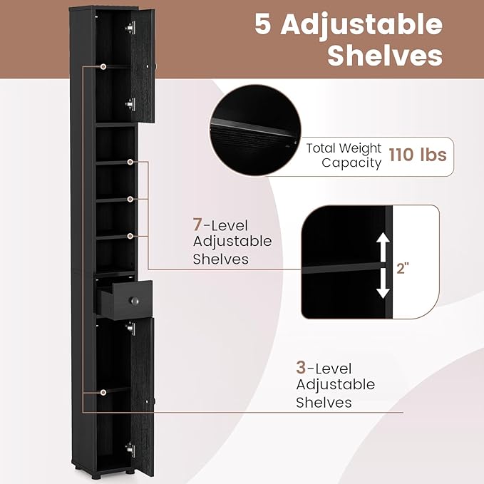 Tangkula Tall Slim Bathroom Storage Cabinet, 71" Freestanding Bathroom Cabinet w/ 2 Doors, 1 Drawer & 5 Adjustable Shelves, Floor Narrow Tower Cabinet for Small Spaces, 8" x 8" x 71" (Black) | Tall, Slim, Freestanding, 2 Doors, 1 Drawer, 5 Adjustable S...