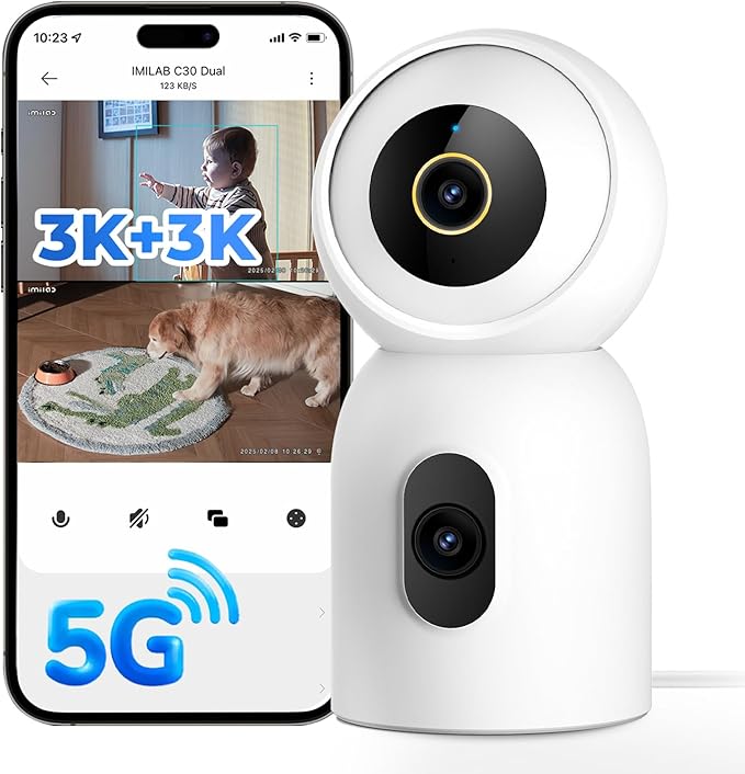 IMILAB C30 Dual 3K+3K Indoor Security Camera, 360° Pan Tilt Pet/Baby/Kid Camera, Room Cam w/Human & Pet Tracking, Smoke Detection, Color Night Vision, 5G WiFi Plug-in Cam, Wall Mount, No Monthly Fee