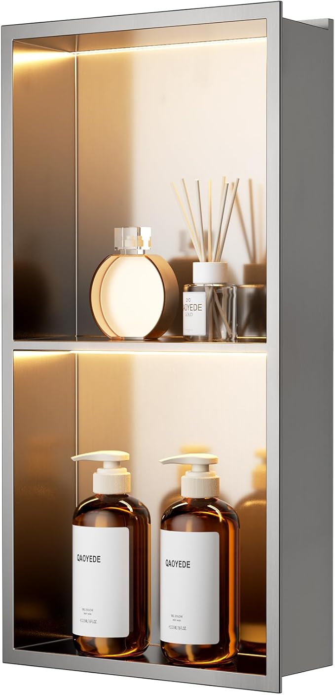 QAOYEDE 24"x12" Stainless Steel Shower Niche with LED Light, No Tile Needed Recessed Shelf, Wall Mount Bathroom Storage Organizer, Brushed Nickel