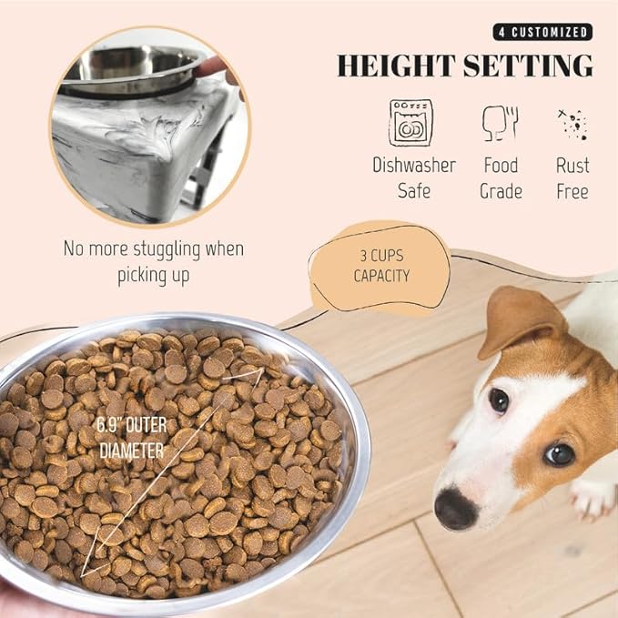 AVERYDAY Elevated Dog Bowls, 4 Height Adjustable Stand for Small and Medium Dogs, Raised Dog Feeder Holder with 2 Stainless Steel Food and Water Bowls, Anti-Slip Base Tall Feeding Station