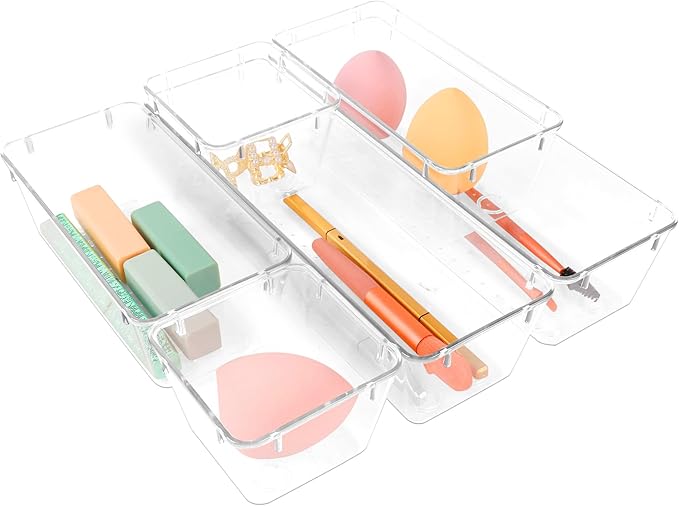 6 Pack Clear Drawer Organizer Set,Desk Drawer Storage Tray,Vanity Organizer Storage Bins Containers