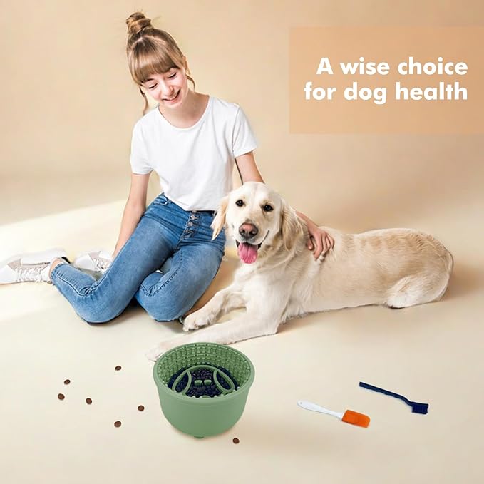 Large Silicone Slow Feeder Dog Bowls, Non-Slip Dog Slow Feeder Lick Bowl for Medium Large Breed, Enrichment Toys for Distraction, Anxiety Relief & Enrichment (Green, 4.2 Cup)