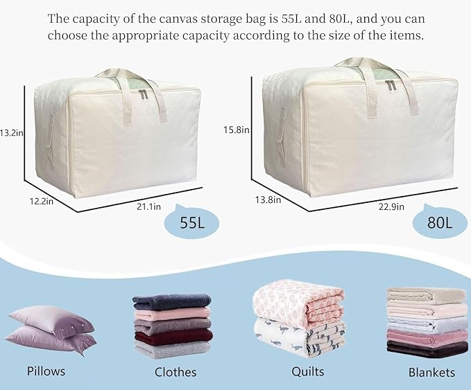 Soft Canvas Clothes Storage Bags with Four Carrying Handles and Clear Window, Closet Organizer for Clothing, Blankets Sheets and Bedding, 55L, 6 Pack, Beige