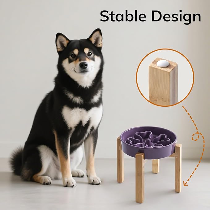 Slow Feeder,Ceramic-Slow Feeder Dog Bowls Elevated for Medium and Large Breed,3 Cups Slow Feed Dog Bowl with Stand,Purple