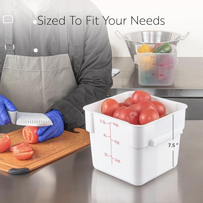 Restaurantware Food Storage Container 10 Pack of 6 qt Plastic Kitchen Storage Bin with Volume Markers Space-Efficient Design Dishwasher-Safe Polypropylene White