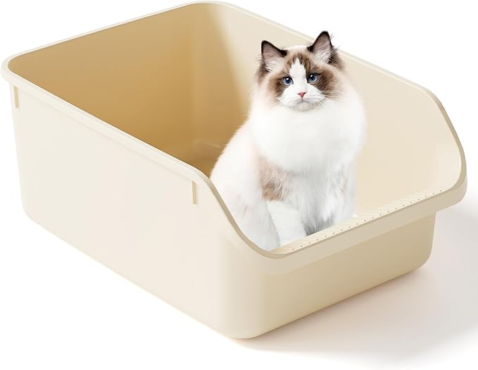 Large Cat Litter Box with High Side Cat Litter Pan Boxes for Indoor Cats Kitty Litter Box with Low Entry Open Top Entrance,Anti-Splashing (White)