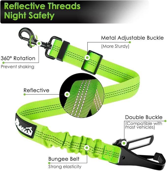 SlowTon Dog Seat Belt, Adjustable Dog Safety Belt Leash, 2 in 1 Latch Bar Attachment Dogs Car Seatbelt with Elastic Nylon Bungee Buffer, Reflective Nylon Belt Tether(VL,35.5in)