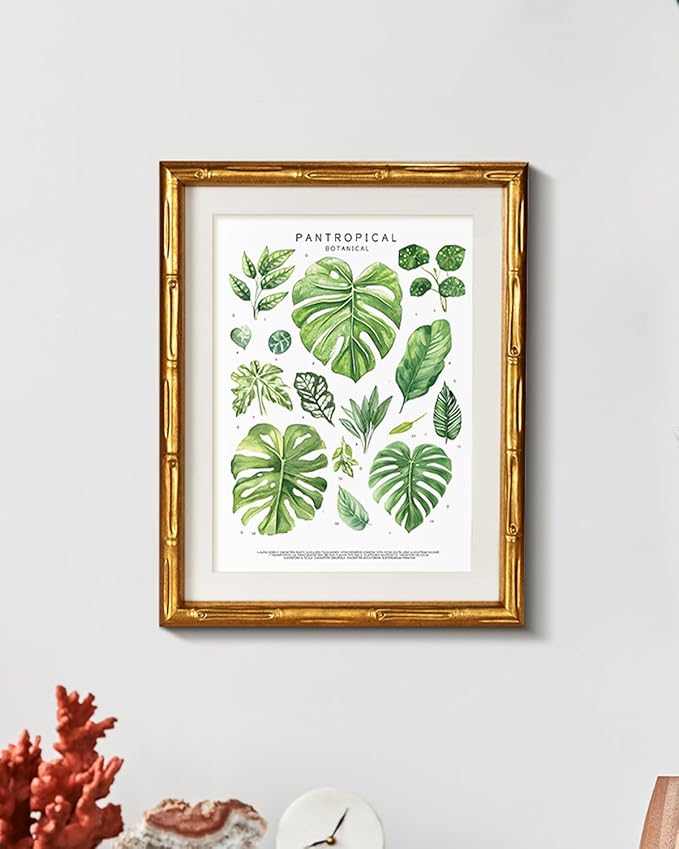 Pantropical Botanical Gold Bamboo-Textured Framed Wall Art, Nature-Inspired 11x14 Inch Tropical Greenery & Monstera Leaf Plants Canvas Print, Modern Room Home Office Decor for Bathroom Bedroom