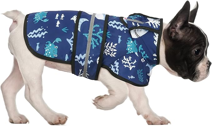 HDE Dog Raincoat Jacket Reflective Adjustable Hooded Pet Poncho Rain Coat with Leash Hole for Small to X-Large Dogs Sharks - S