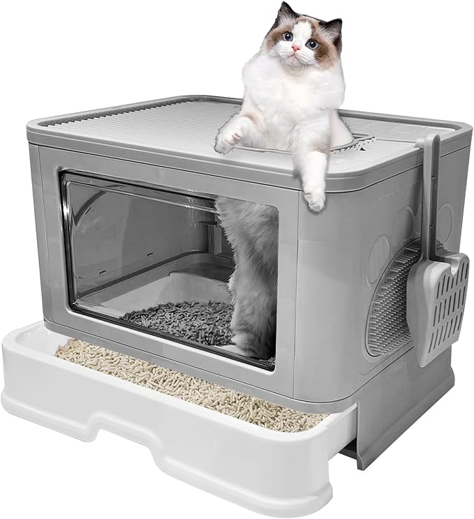 Foldable Box, Enclosed Potty with Scoop, Front Entry Top Exit Cat Litter, Closed Smell Proof Anti Splashing, Drawer Type Cat Litter Easy to Clean