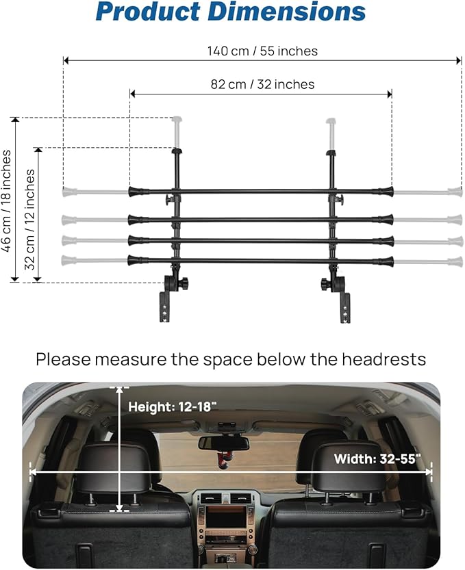 JOYTUTUS Adjustable Dog Car Barrier for SUVs,Vehicles, Trucks, Upgraded Universal-Fit Pet Divider Gate Carbon Steel Dog Barrier for Cargo Area 32" to 57" Width