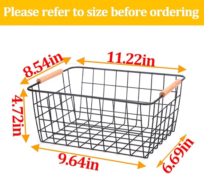 4 Pack Metal Wire Food Storage Basket Organizer with Wooden Handles for Organizing Kitchen Cabinets Black