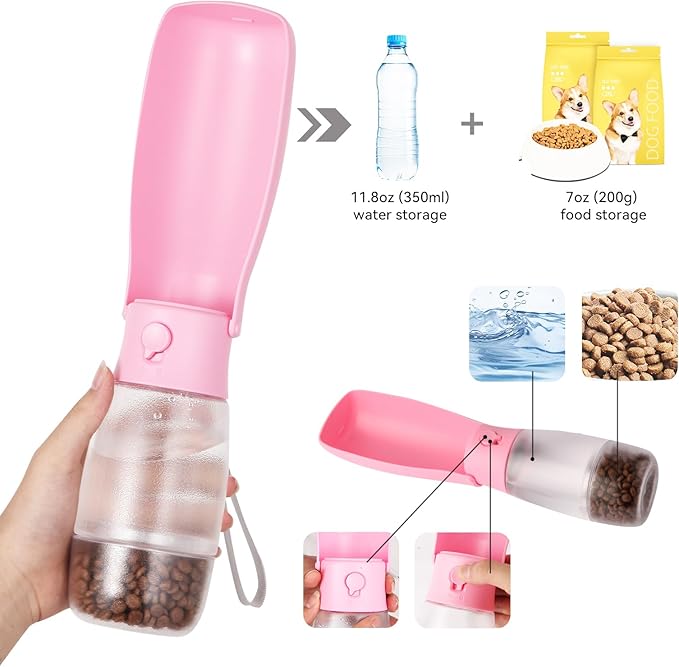 2-in-1 Foldable Pet Travel Water Bottle, Feeding Vessels for Pets, 11.8oz Water & 7oz Food Container for Dogs and Cats, Portable Leak-Proof Dispenser for Hiking, Walking & Camping Blue