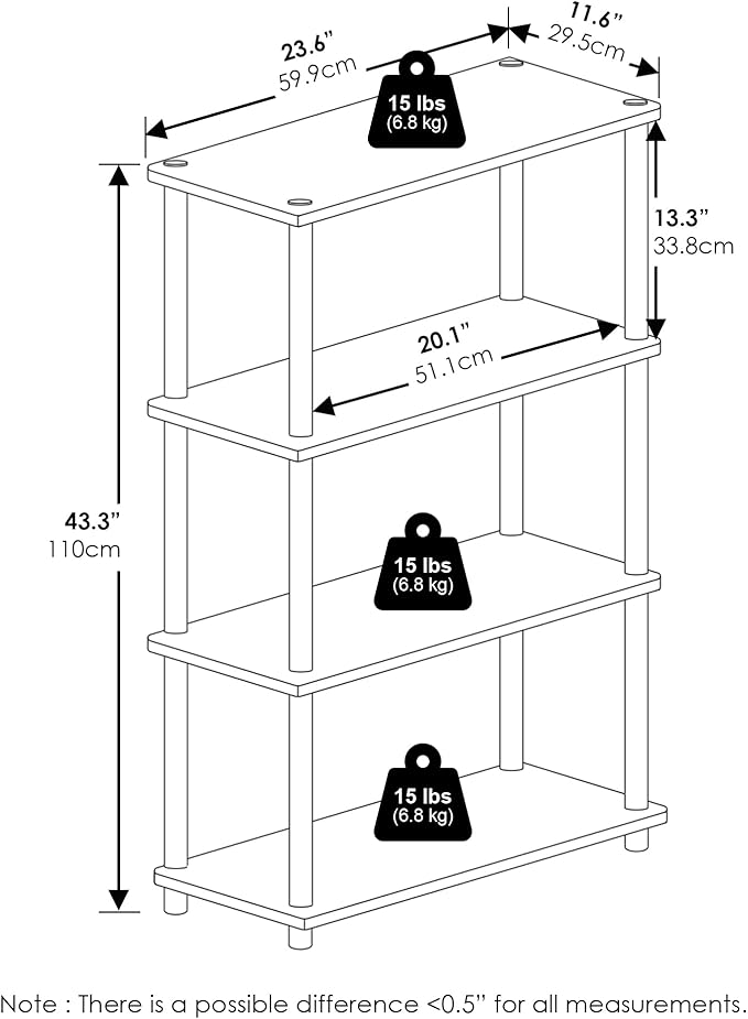 Furinno TURN-N-TUBE Storage Shelves, 4-Tier Toolless Book Shelf, Corner Shelf, Toolless Open Shelves, for Organization and Storage, Living Room, Garage, Home Office, White
