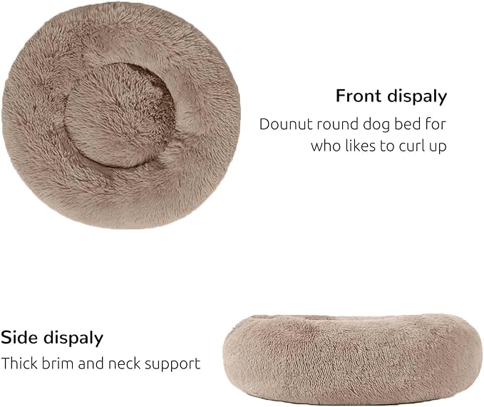 HACHIKITTY Calming Donut Cuddler Dog Bed, Round Fluffy Pet Bed with Sewn-in Cushionfor Large Dogs,Washable, Large, Taupe, 30''