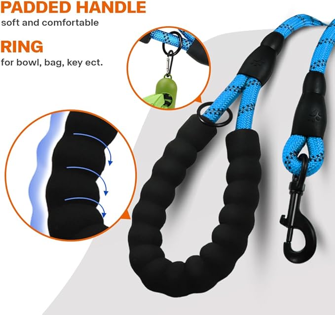 Taglory Rope Dog Leash 5 FT with Comfortable Padded Handle, Highly Reflective Threads Leash for Medium Large Dogs, 1/2 inch, Blue