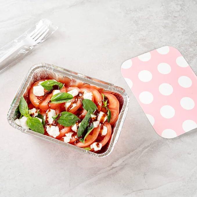 Restaurantware-16 Ounce Disposable Takeout Containers, 50 Rectangle Food Containers - With Polka Dot Lids, Pink Takeaway Containers, Aluminum Delivery Containers, Freezable