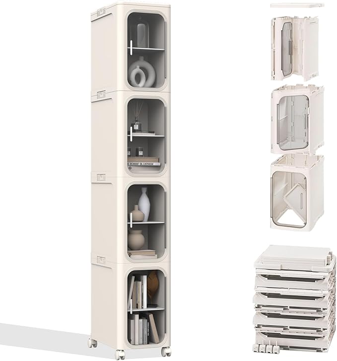 Slim Tall Bathroom Cabinet, Narrow Bathroom Organizer with Doors and Shelves, Movable Skinny Organization for Small Spaces (Beige, 50"x13.39"x8.27")