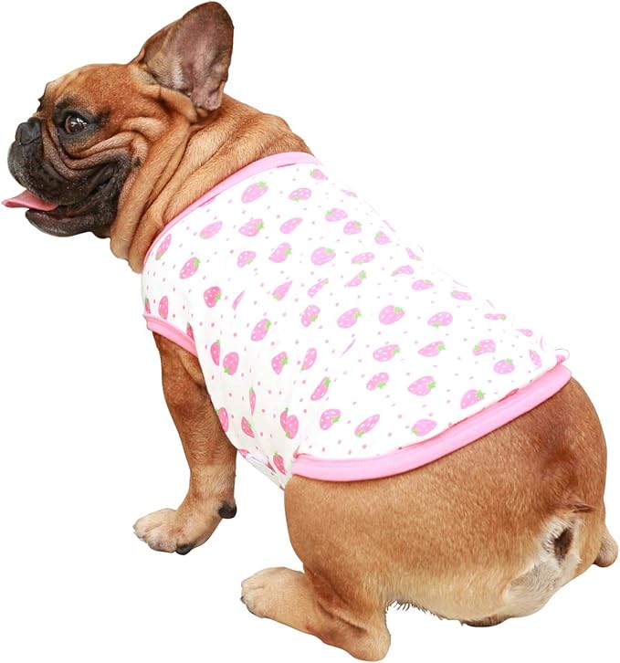iChoue 100% Breathable Cotton French Bulldog Halloween Cartoon T Shirts Cute Clothes for Dogs Vest Tank Tops Puppy Frenchie Pug Small Puppy English Boston Terrier Strawberry - Medium
