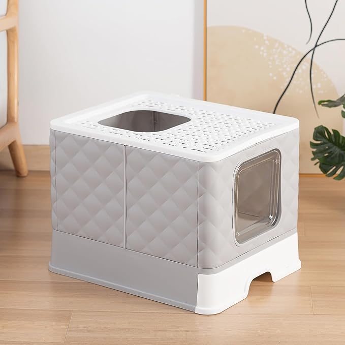 Gagee Foldable Cat Litter Box, Extra Large Front Entry Top Exit Box with Lid, Drawer Type Enclosed Kitty Scoop, Anti-Splashing Toilet Easy Cleaning,Grey