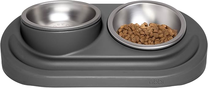 Ubbi Pet Feeding Bowls Set with Non-Slip Mat, Elevated & Flat Stainless Steel Dog or Cat Bowls, Ergonomic 15° Angled Feeder, Dishwasher Safe, Charcoal Gray