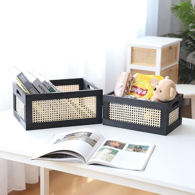 Wood Baskets, Rattan Storage Baskets for Organizing, Black, Set of 2