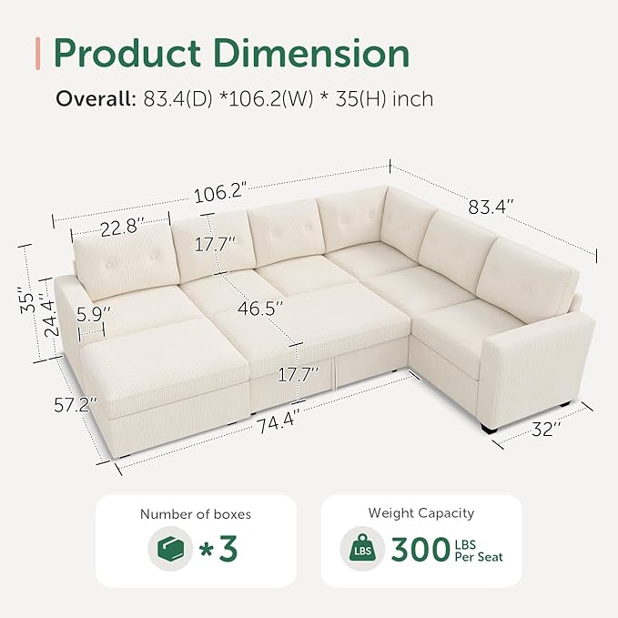 HONBAY 106.2 Inch U-Shaped Sectional Sleeper Sofa with Pull-Out Bed & Storage Ottoman, 7-Seater Sectional Sofa for Living Room, Pet-Resistant Corduroy Couch, Beige