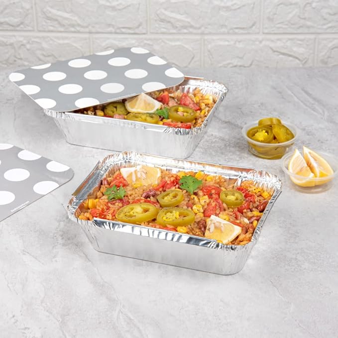 Restaurantware 16 Ounce Disposable Takeout Containers 50 Rectangle Food Containers - With Polka Dot Lids Silver Takeaway Containers Aluminum Delivery Containers Freezable