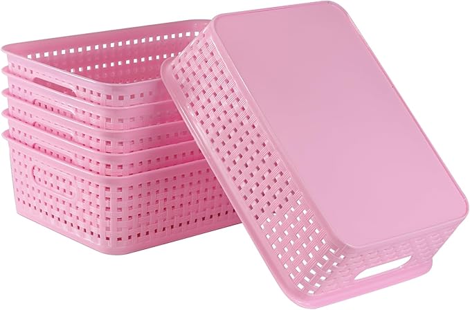 6-Pack Plastic Small Shelf Storage Weave Baskets, Multi-Purpose Pink Open Containers for Shelving Pantry Cabinet Small Stackable Storage Bins for Organizing