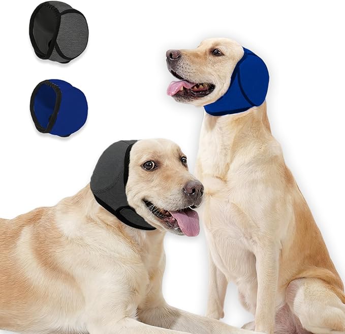 2Pcs Dog Ear Covers for Bath & Noise Protection,Adjustable Dog Ear Muffs Anxiety Relief Calming Hoodie Design,No Shake Ear Protection for Grooming,Swimming,Drying,Hematoma(Grey&Blue,M)