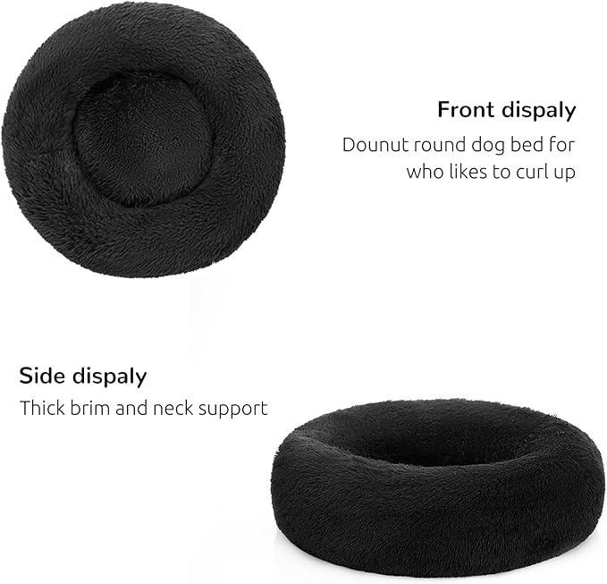 HACHIKITTY Calming Donut Cuddler Dog Bed, Round Fluffy Pet Bed for Small Dogs,Washable, Large, Black, 24''
