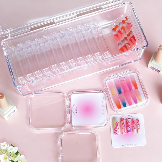 15PCS press-on nail storage set includes 1 Clear Organizer, 14 Nail Display Case Fake Nail Instructions and Double Sided Adhesive Artificial False Nail Box Acrylic Organizer Nail Case