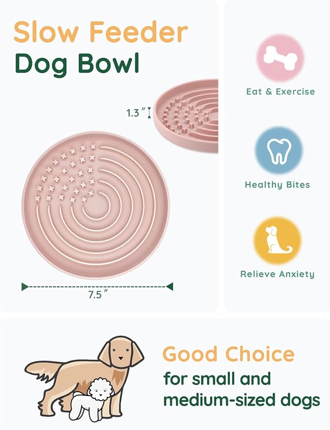 Slow Feeder Dog Bowls, Slowdown Bowl - Puzzle Silicone Dog Feeding Bowls with Suction Cups, Innovative Lick Mat, Healthy Eating, Dishwasher Microwave Safe, Mealtime Challenge, 7.5" x 1.3"Pink