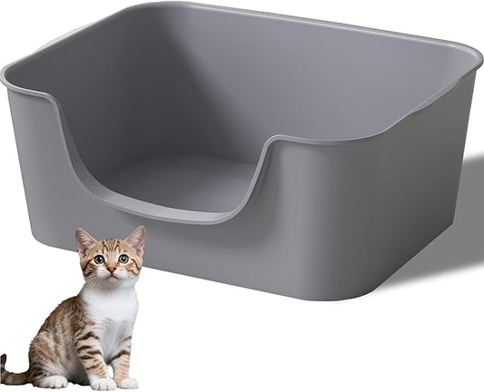 Low Entry Cat Litter Box with High Sides - Open-Top Anti-Splash, Durable Easy-Clean Pan for Kittens, Munchkin Cats, Senior Medium-Sized Cats & Small Pets (Rabbits), 19.3”x13.3”x7.8” Grey