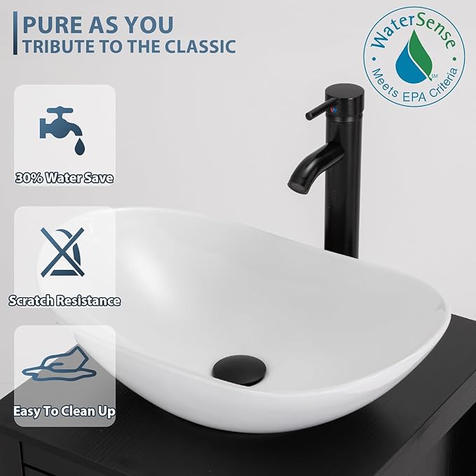 eclife 36" Modern Bathroom Vanity Sink Combo Freestanding Cabinet with Small Side Cabinet, White Boat Ceramic Vessel Sink, Water Save Faucet, Drain (White+T44)