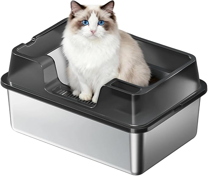 Enclosed Stainless Steel Cat Litter Box with Lid, XL Extra Large Litter Box for Big Cats, Metal Litter Pan High Sided, Never Absorbs Odors, Anti-Urine Leakage, Easy Cleaning, Include Scoop