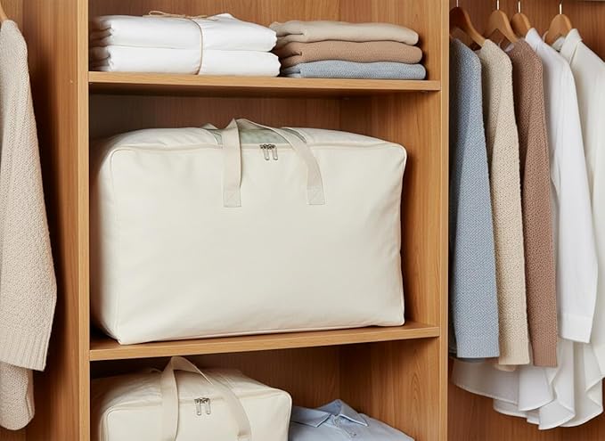 Soft Large Canvas Comforter Storage Bags with Four Carrying Handles and Clear Window, Closet Organizer for Clothing, Blankets Sheets Pillows and Bedding, 80L, Beige