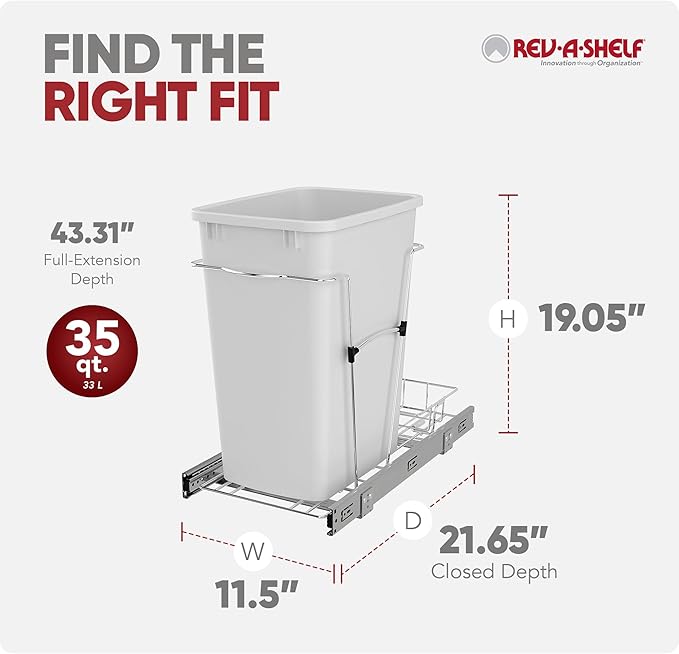 Rev-A-Shelf Pullout Trash Can for Kitchen Cabinets 35 Quart Garbage Waste Recycling Bin with Full Extension Slides, White, RV-12KD-11C