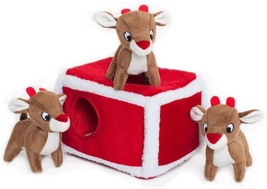 ZippyPaws Holiday Burrow- Interactive Dog & Puppy Toy for Boredom, Stimulating Pet Product to Keep them Busy, Hide & Seek Plush Dog Puzzle, Enrichment Squeaky Toy for Small & Medium Dogs- Reindeer Pen