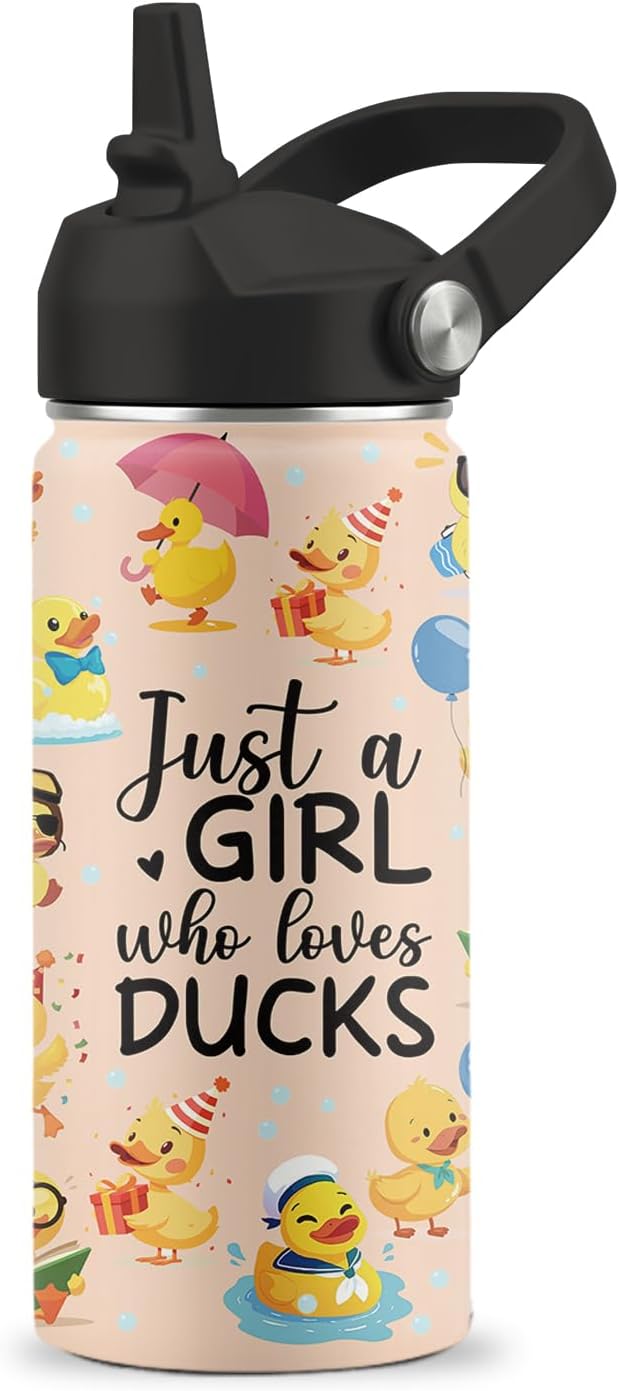 Duck Gifts, 16 oz Water Bottle with Straw Lid, Stainless Steel Insulated Water Bottle, Cute Duck Cup Gifts for Birthday Chritmas (1pcs)