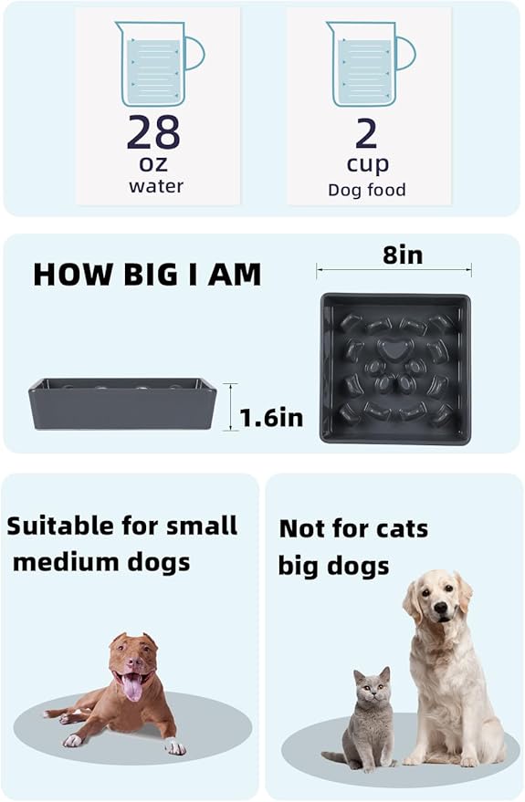Square Slow Feeder Dog Bowls, Ceramic Fun Slow Eater Bowl for Small Medium Breed (Grey)
