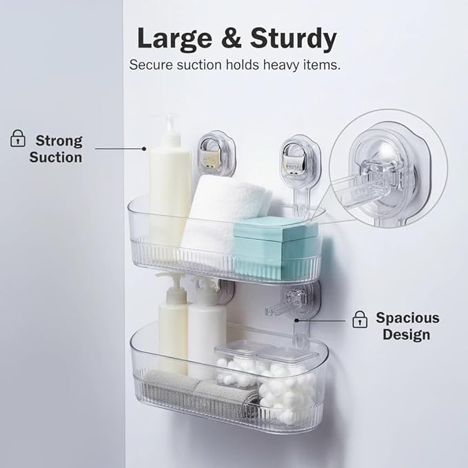 No Drill Bathroom Organizer with Strong Suction Cups, Heavy Duty Shower Organizer Holds 10lbs, Bathroom Shelf for Shampoo, Soap, Razor, Toothbrush (Transparent 2pcs)
