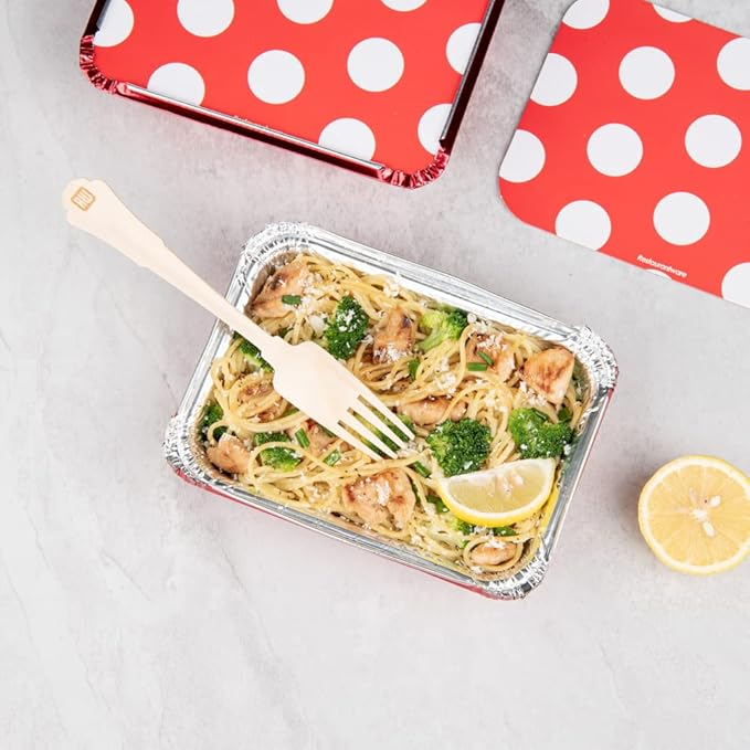 Restaurantware 16 Ounce Disposable Takeout Containers 50 Rectangle Food Containers - With Polka Dot Lids Red Takeaway Containers Aluminum Delivery Containers Freezable