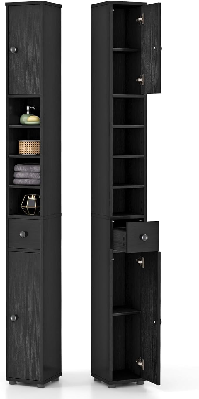 Giantex Slim Bathroom Storage Cabinet - 71” Tall Narrow Floor Cabinet Cupboard with 2 Doors, 5 Adjustable Shelves, 1 Drawer, Anti-Tipping Device, Thin Linen Tower Cabinet for Living Room (2, Black)
