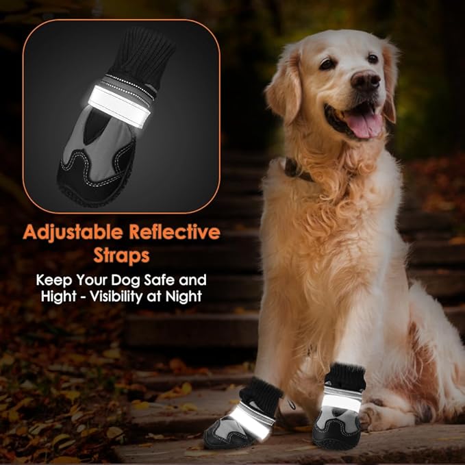 Lukovee Dog Shoes - Waterproof Warm Fleece Lined Dog Booties for Small Medium Large Dogs, Non-Slip Adjustable Dog Boot for Winter Cold Weather (GY,Size 7)