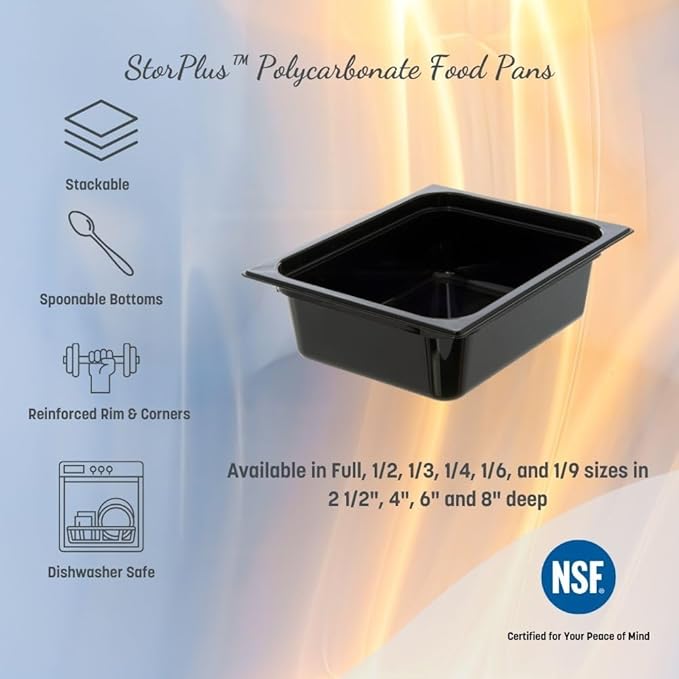 Carlisle FoodService Products Storplus 1/6-Size Plastic Food Pan, Food Storage Container, for Catering, Buffets, Restaurants, Polycarbonate, 1/6 Size, 6 Inches Deep, Black, (Pack of 6)