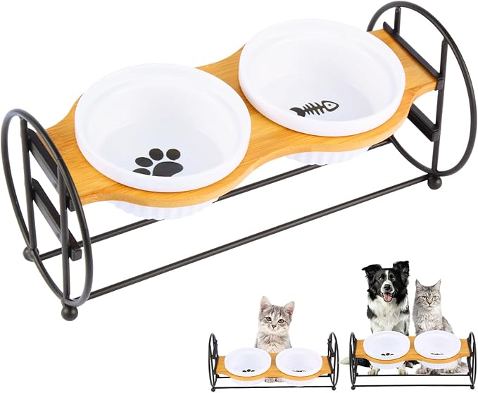 Elevated Adjustable Cat Bowl Set with 2 Dishes for Cats & Small Dogs - Anti-Vomiting,15° Tilted and Rasied Bowls with Non-Slip Design, Food-Grade Ceramic, Easy to Clean
