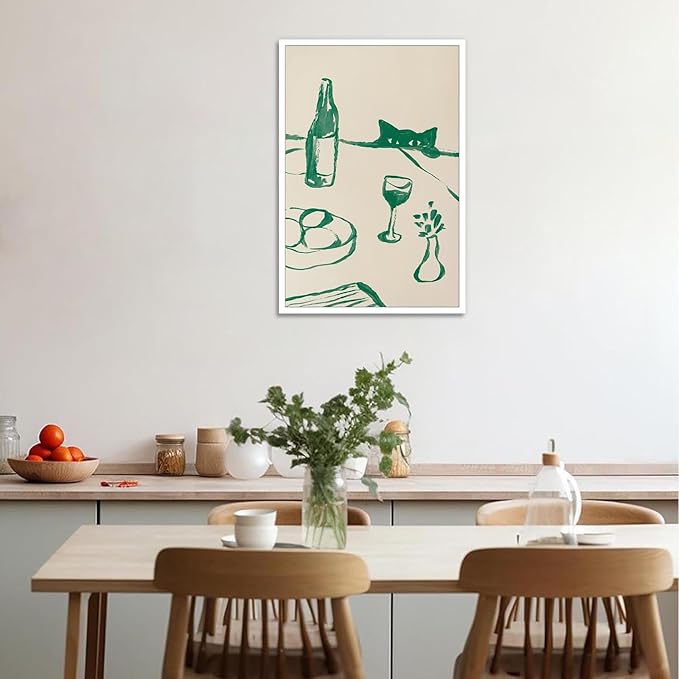 Sneaky Cat Wine Wall Art Funny Kitchen Animal Poster Whimsical Pet Wall Decor Abstract Scandi Dinner Sketch Prints Painting For Living Room Dining Room Wall Decor 16x24in Unframed